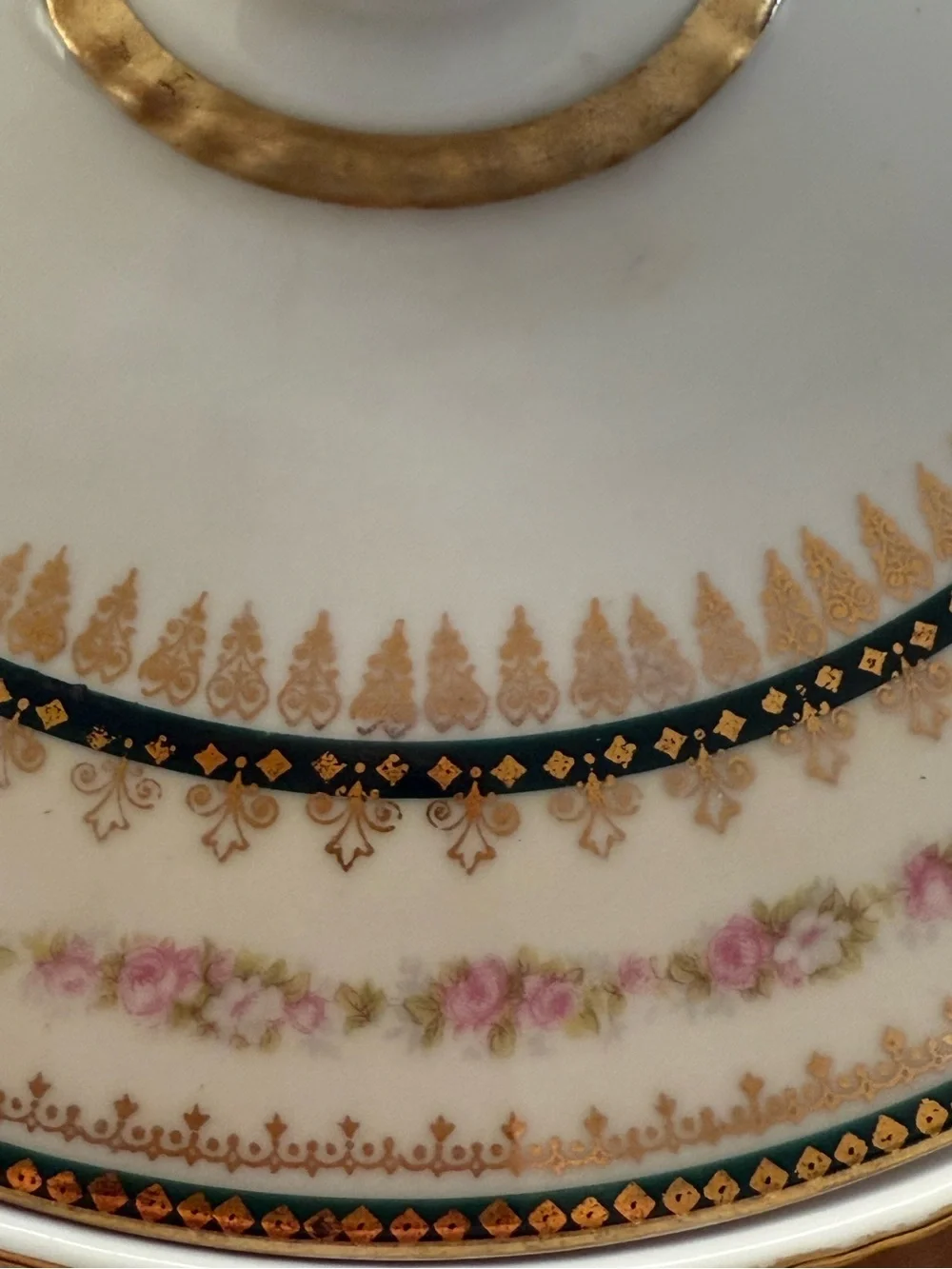 Vintage Porcelain Covered Serving Bowl in White with Gold, Green & Pink Trim